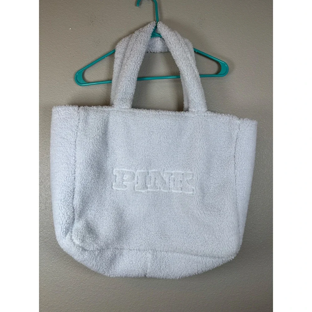 Victoria's‎ Secret PINK Sherpa Fleece Tote Bag Light Blue Embroidered Logo Zip